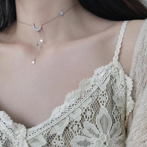 925 Sterling Silver Diamond Moon Star Necklace H - Picture 5 of 6